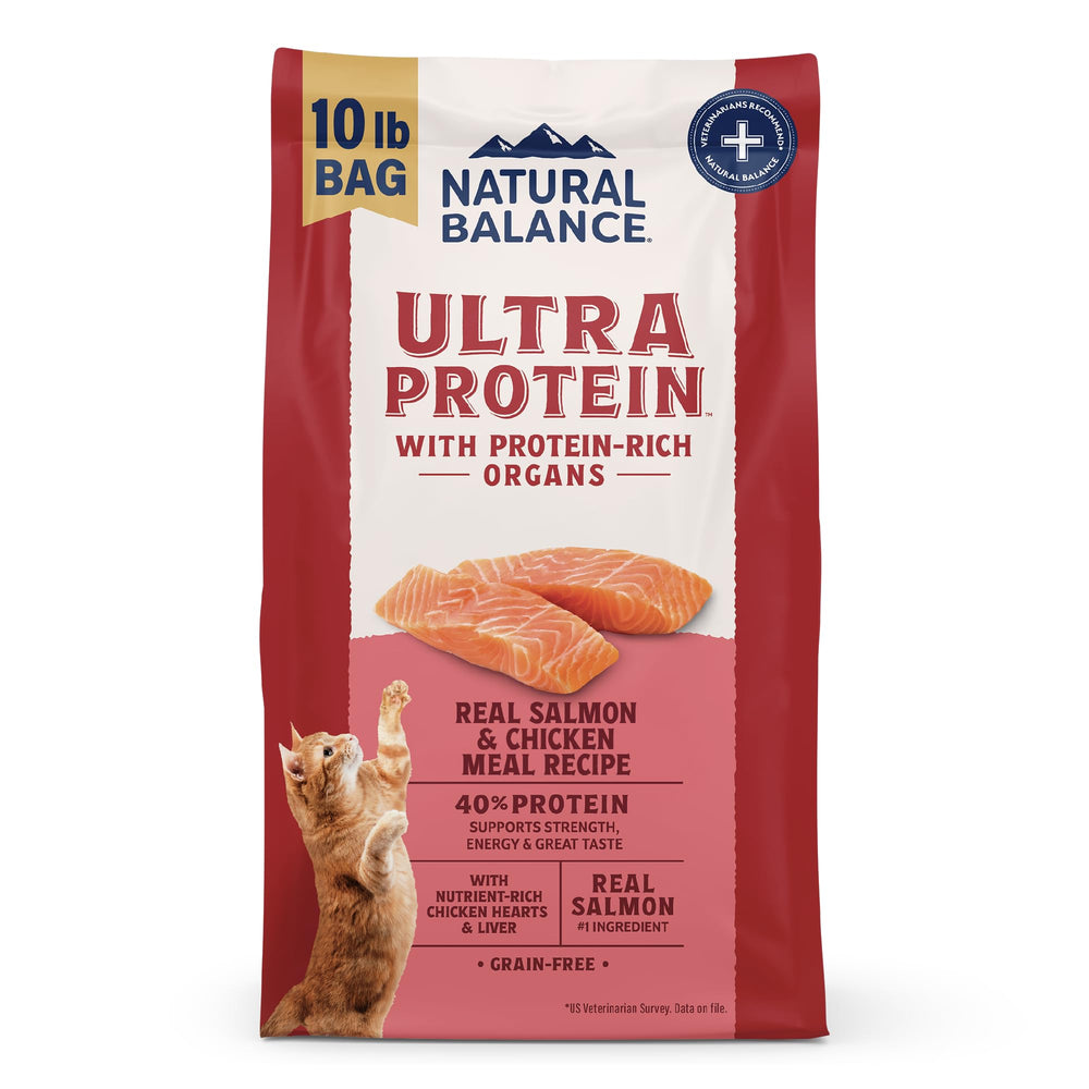 Empaque de Natural Balance Ultra Proteína para croquetas de gato, ideal para almacenamiento práctico.