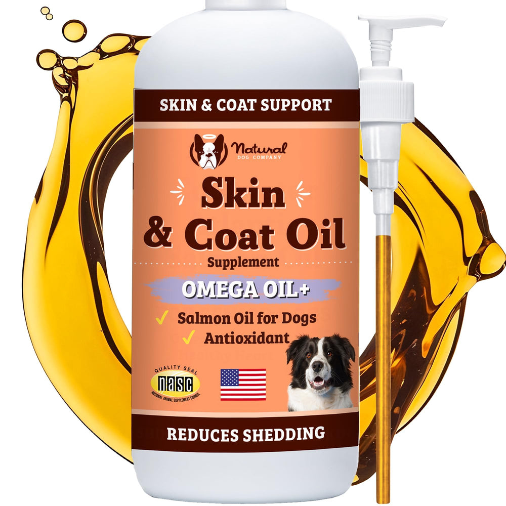 Natural Dog Company Aceite para piel y pelaje, botella con dispensador para dosificar fácilmente.
