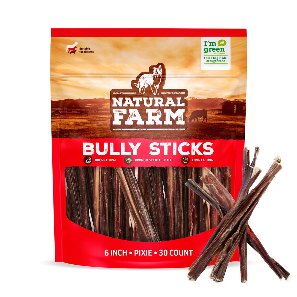Natural Farm Bully Sticks 6 pulgadas, paquete de 30, ideal para masticación segura.