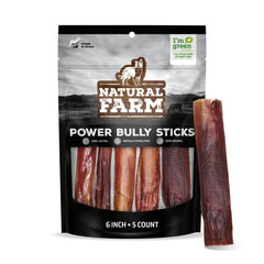 Natural Farm Palitos Bully frente al empaque, masticación duradera para perros.