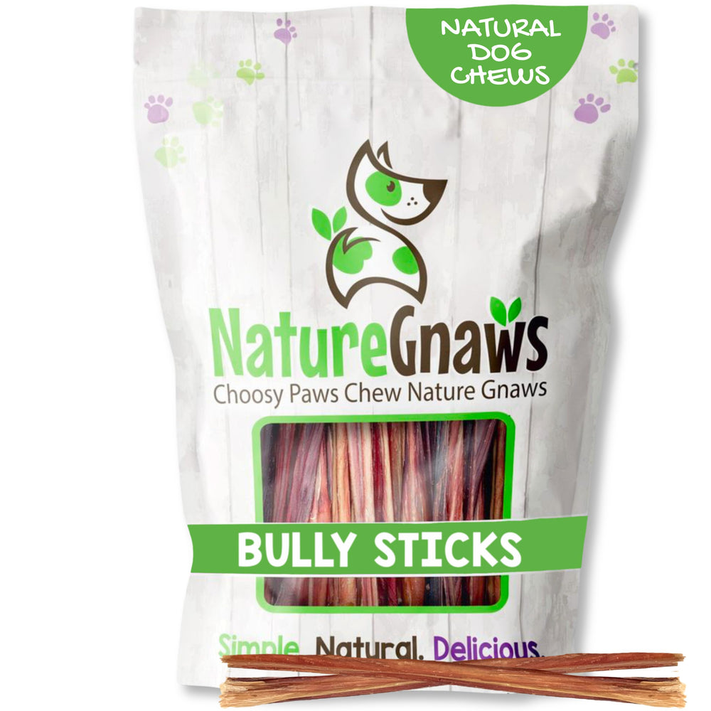 Nature Gnaws palitos bully extra delgados para perros pequeños brindan masticación prolongada.