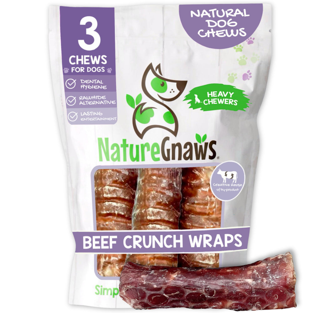 Nature Gnaws trachea de res en envoltura crujiente, snack duradero para perros.
