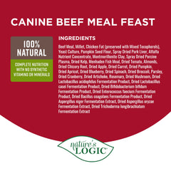 NATURE'S LOGIC Beef Meal Feast, proteína de alta calidad para músculos y vitalidad.