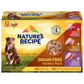 Nature's Recipe sin-granos pollo y res, porciones listas para alimentar al perro.