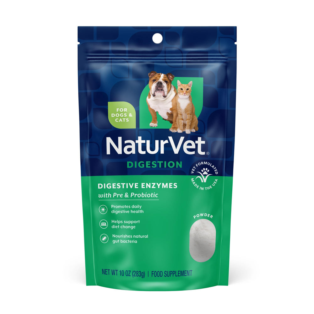 NaturVet Enzimas Digestivas: botella de polvo para apoyo digestivo en perros y gatos.