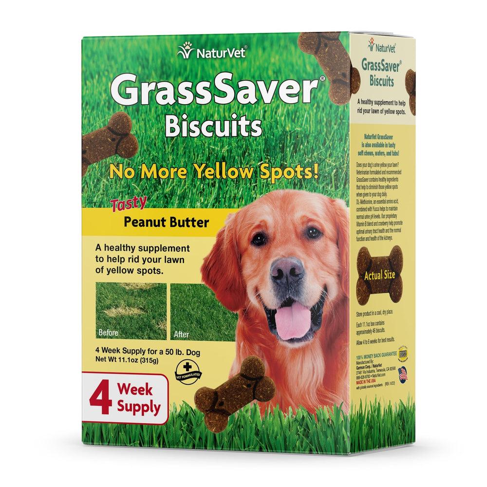 NaturVet GrassSaver galletas para perros en empaque, ayudan a mantener el césped verde.