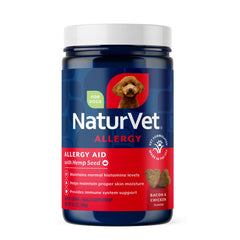 NaturVet Hemp Allergy Aid para perros, frente a la botella, apoyo a piel y vías respiratorias.