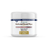 NaturVet toallitas dentales medicadas para perros y gatos, empaque práctico para higiene diaria.