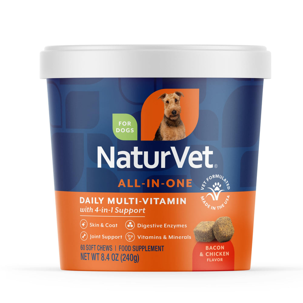 NaturVet Todo-en-Uno para perros: frasco visible para articulaciones y piel saludables.