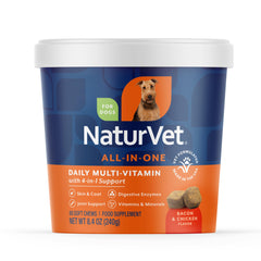 NaturVet Todo-en-Uno para perros: frasco visible para articulaciones y piel saludables.