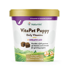 NaturVet VitaPet cachorros: botella visible para la suplementación diaria.