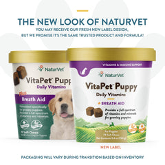 NaturVet VitaPet cachorros, masticables en primer plano para desarrollo saludable.