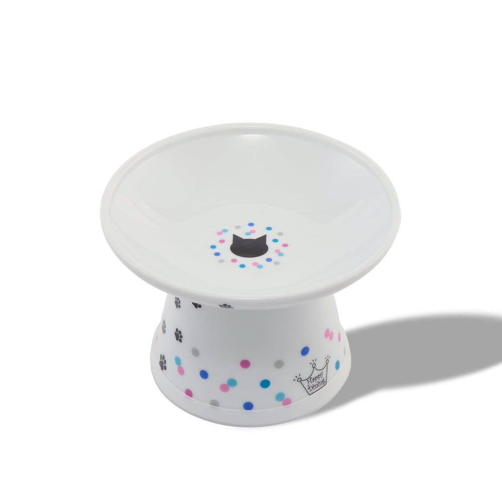 Tazón elevado de Necoichi con puntos coloridos para gatos, reduce fatiga de bigotes.