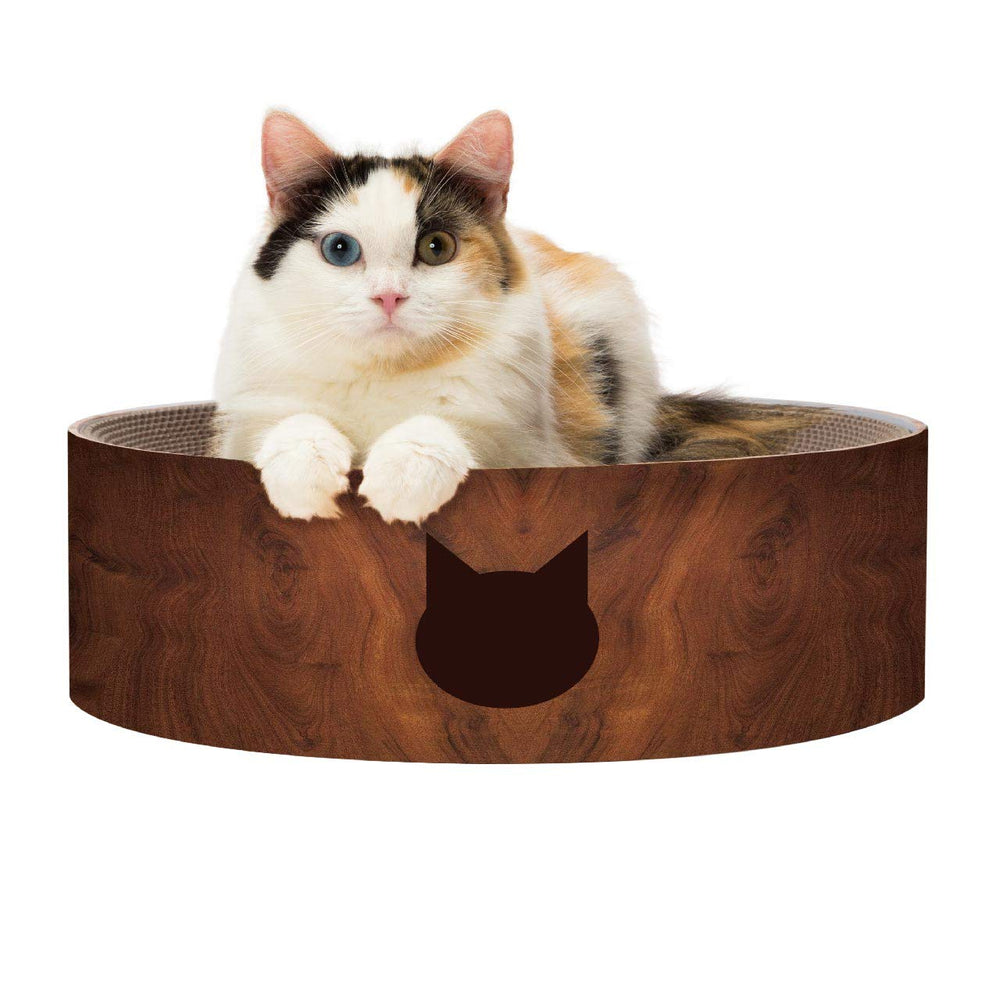 Tazón rasca-gatos Necoichi para interior visto de frente, cómodo para descansar.