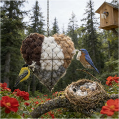 Nido corazón artesanal colgando en árbol, refugio para aves del jardín.