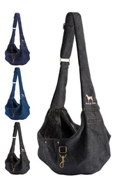 Noah & Paw transportín denim frontal para perro cómodo.