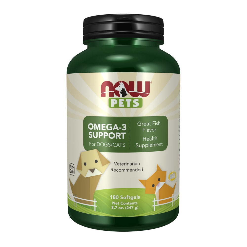 NOW Pets omega-3, botella de cápsulas, apoyo potencial a las articulaciones.