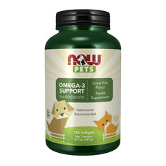 NOW Pets omega-3, botella de cápsulas, apoyo potencial a las articulaciones.