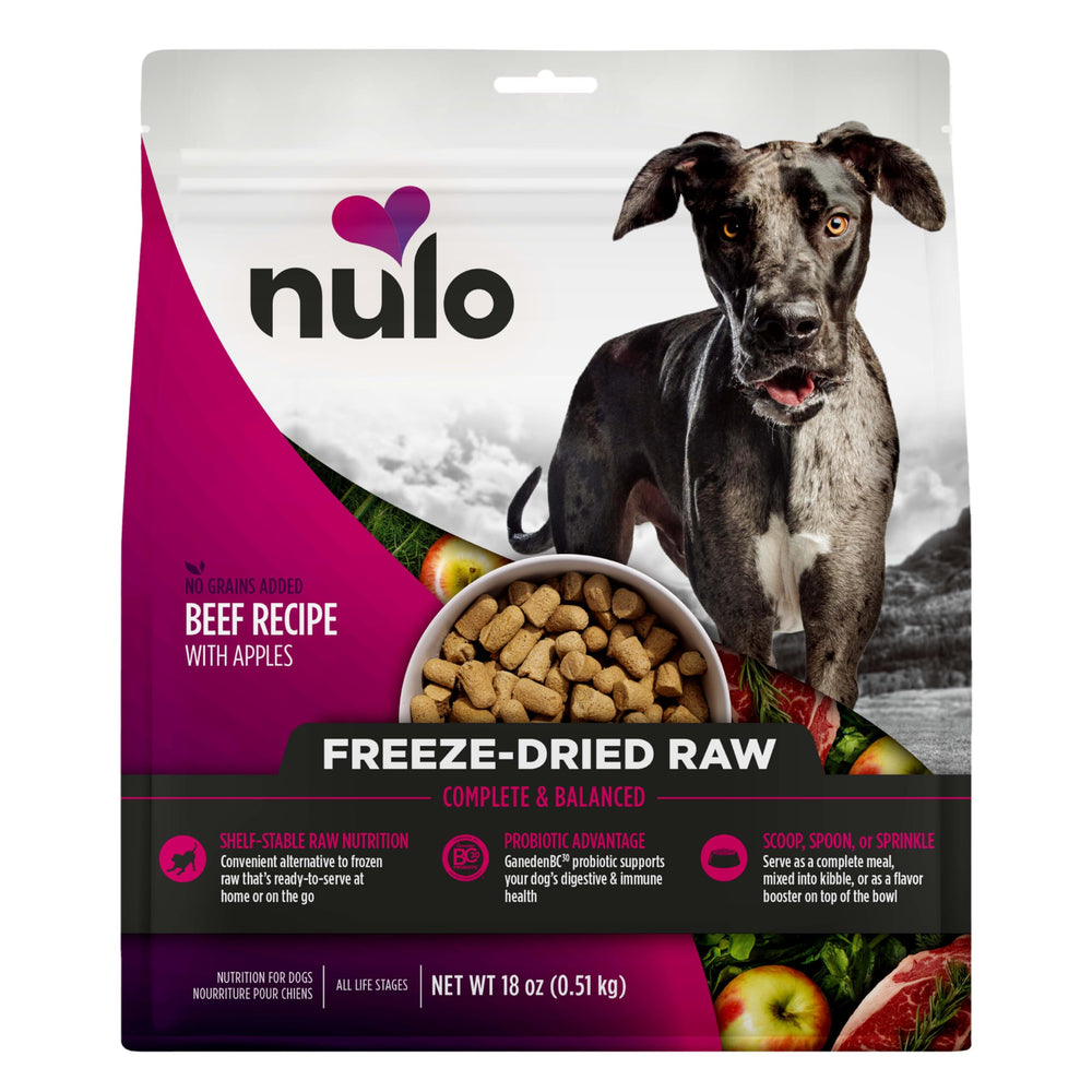 Nulo carne liofilizada con manzanas; porcion lista para alimentar con sabor natural.