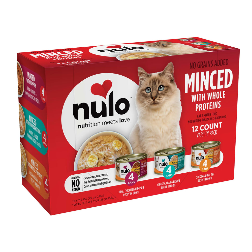 Nulo Minced proteinas enteras en latas variedad doce para gatos curiosos