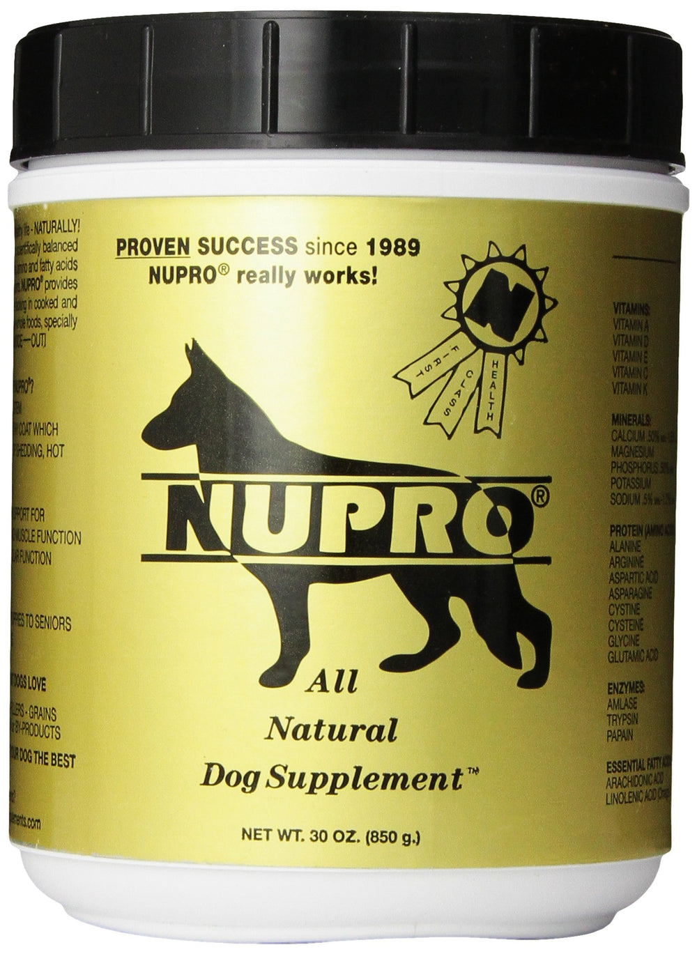Nupro suplemento natural para perros, bote de 30 onzas, apoyo al pelaje saludable.