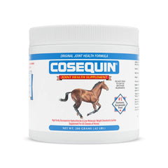 Nutramax Cosequin en envase de polvo para articulaciones de caballos, uso diario.