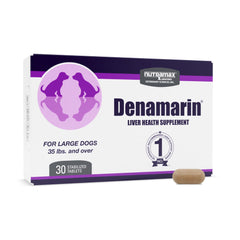 Nutramax Denamarin en botella con etiqueta clara para perros grandes, apoyo potencial para la salud hepática.