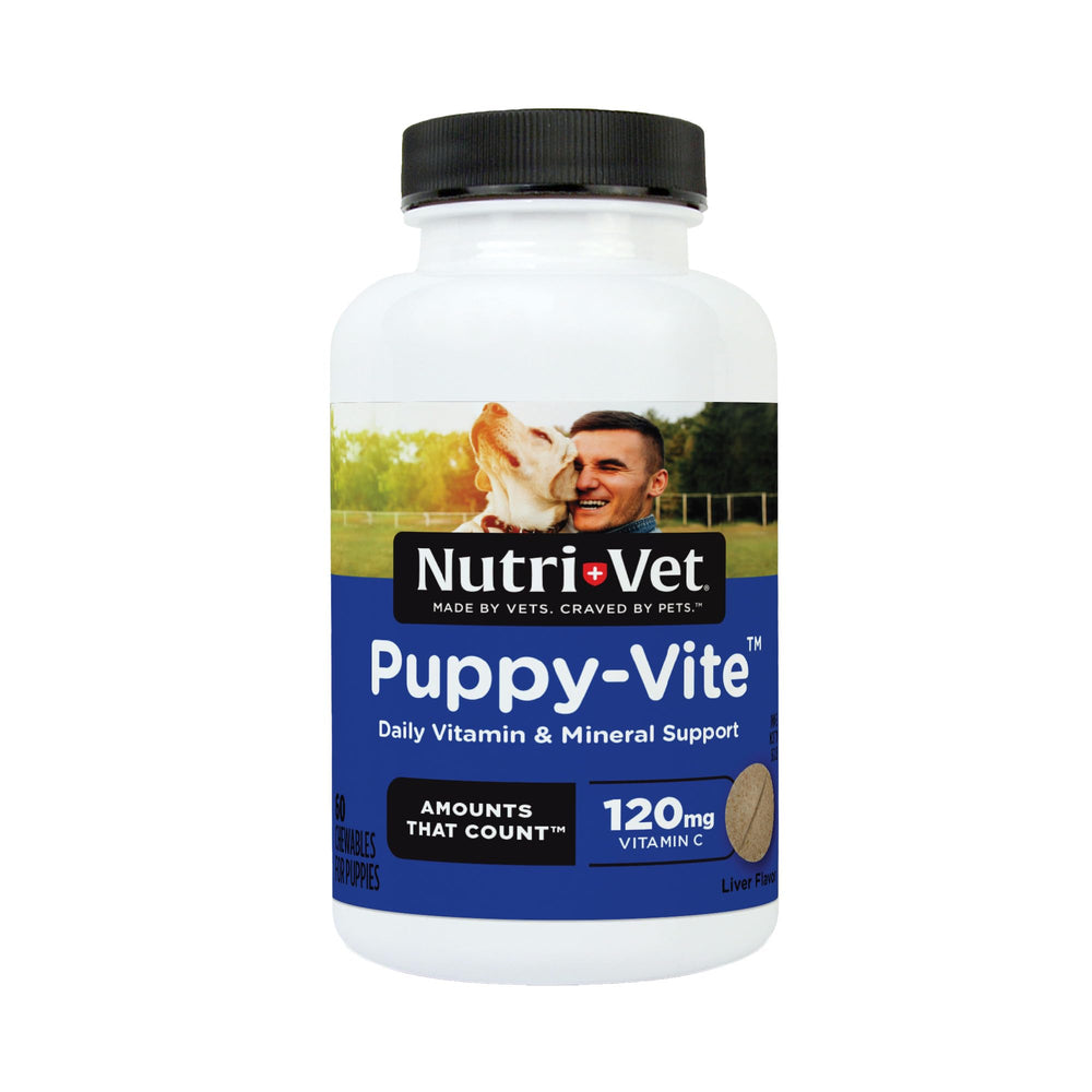 Nutri-Vet Puppy-Vite tabletas sabor higado para cachorros, apoyo al crecimiento saludable del cachorro.