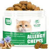 NutriDog Cat Allergy Relief Chews envase frontal con sabor a salmón para bienestar felino