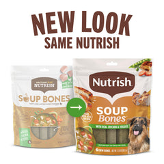 nutrish huesos de sopa pollo real y verduras visibles brindan sabor natural.