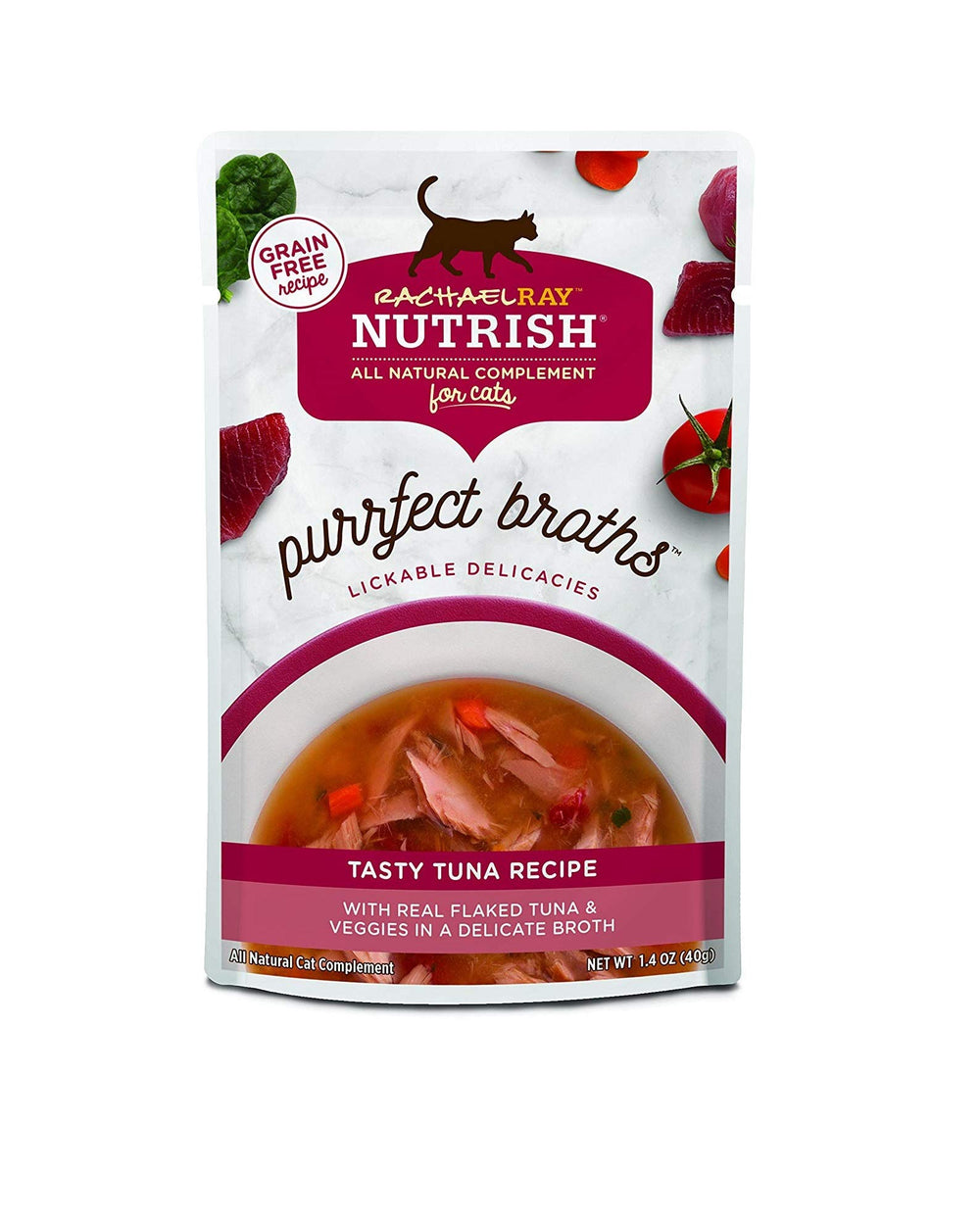 Nutrish Purrfect Broths atún en salsa y verduras, hidratación sabrosa para gatos.