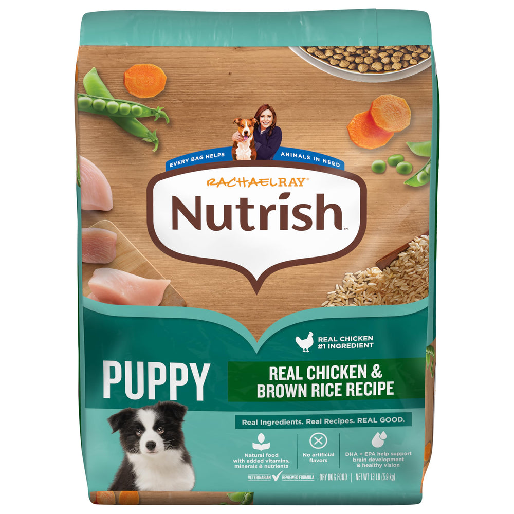 Nutrish Rachael Ray cachorros bolsa 13 lb frontal, alimento completo para cachorros en crecimiento