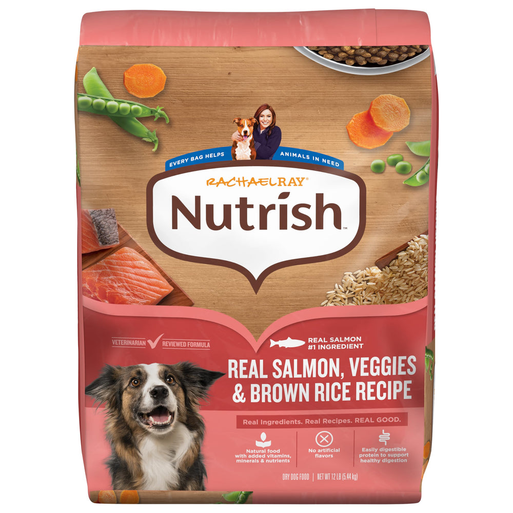 Nutrish Rachael Ray con salmón en plato, sabor sabroso para perros adultos