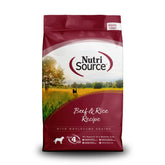 NutriSource carne y arroz, vista frontal de la bolsa para perros.