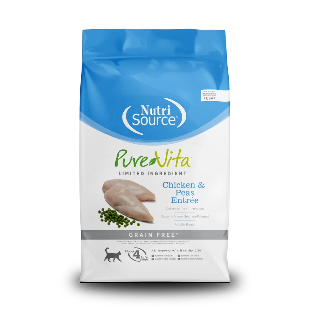 NutriSource Pure Vita sin granos en empaque de 12 libras; opción sin granos para gatos sensibles.
