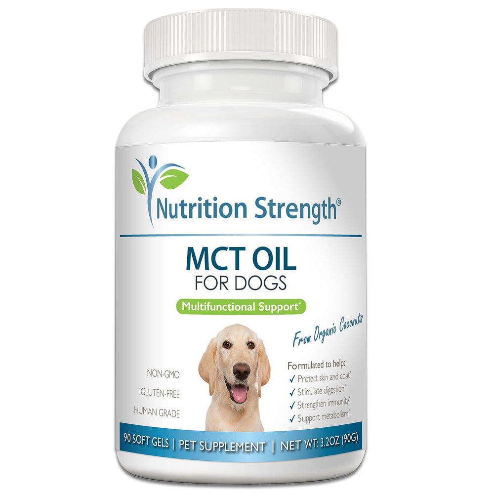 Nutrition Strength MCT para perros frasco vertido, apoyo al pelaje y piel.
