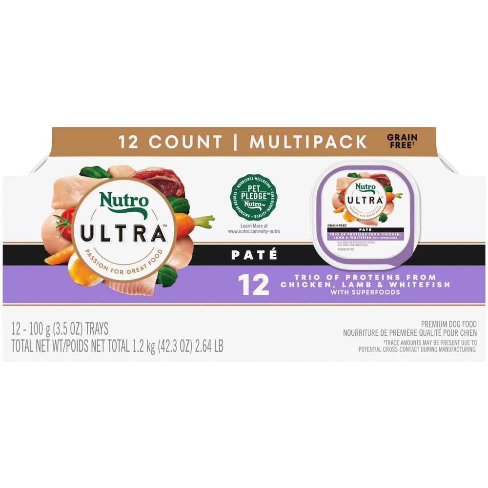 Nutro Ultra Pate Trio de Proteínas con Pollo, Cordero y Pescado Blanco para perros adultos.
