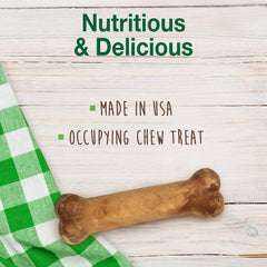 Perro masticando hueso Nylabone Healthy Edibles, premio natural para ocio y concentración.