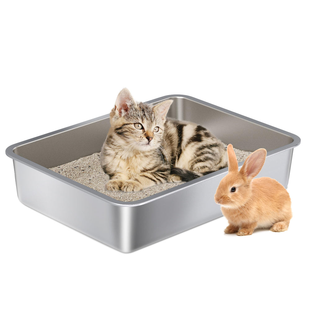 Nyutu caja de arena acero inoxidable con apertura baja, facilita acceso para gatitos.