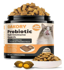 Golosinas probióticas OAKORY para gatos con textura crujiente y centro de queso, favorece digestión suave.