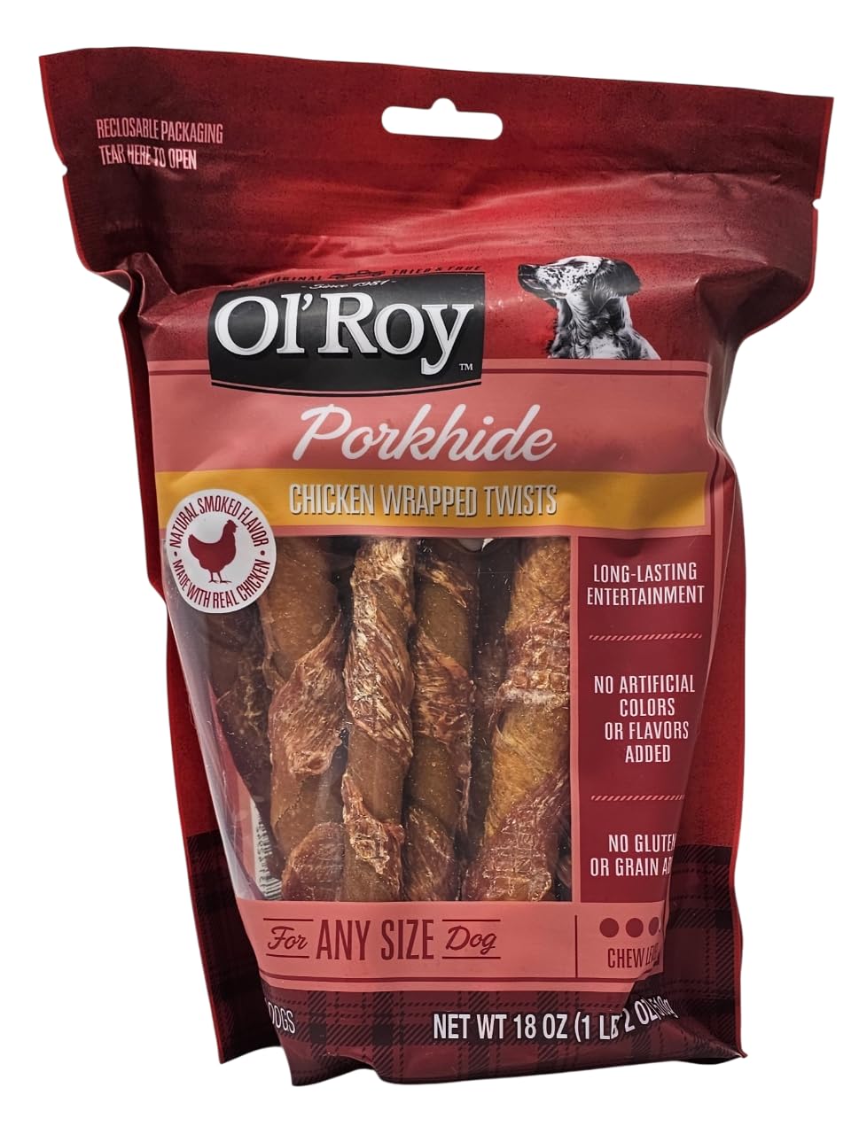 Ol' Roy tiras de piel de cerdo envueltas en pollo, snack sabroso para perros.