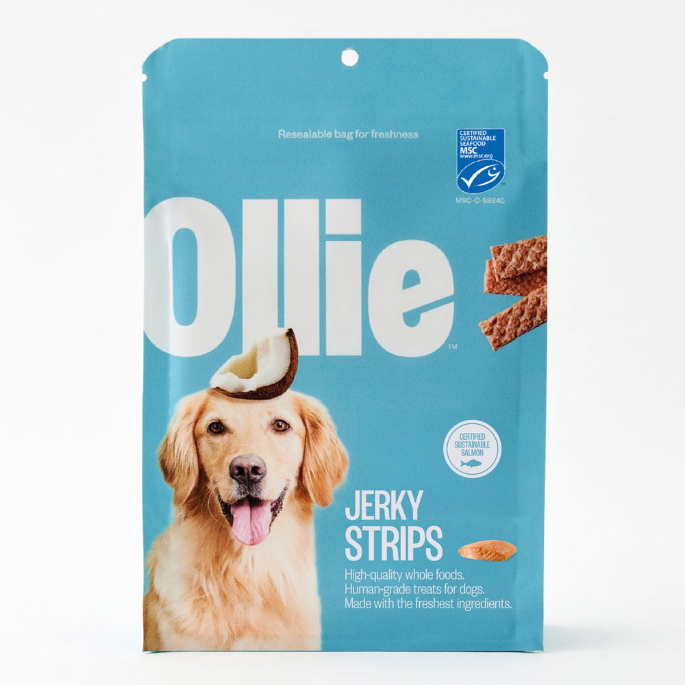 Ollie tiras de salmón y coco, paquete 3x5 oz, snack natural para perros.