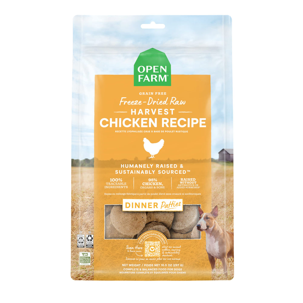 Hamburguesa congelada de pollo Open Farm, ideal para perros activos.