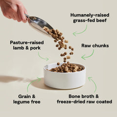 Open Farm RawMix trozos crudos deshidratados visibles, sabor auténtico y proteína de calidad.