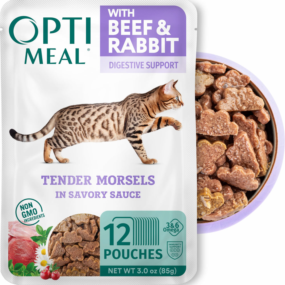Optimeal en paquetes sin granos (tres-onzas) para alimentación diaria de gatos.