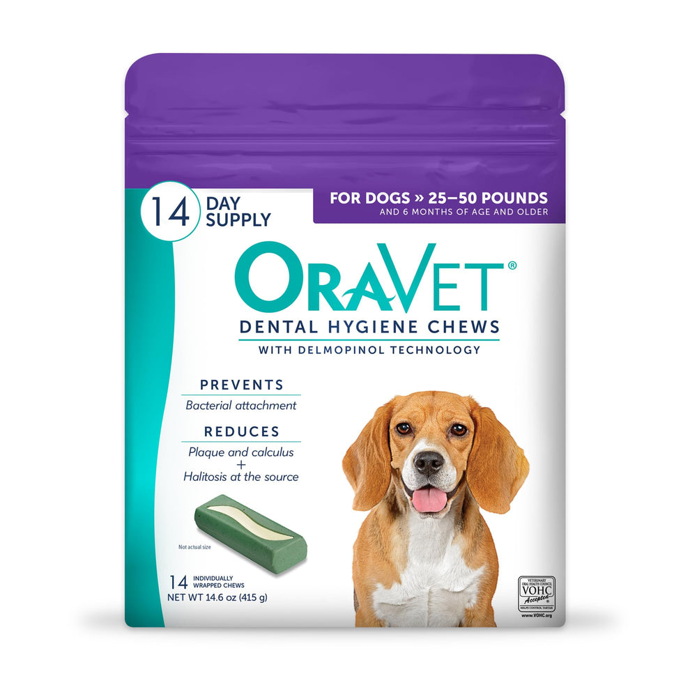 OraVet bolsa morada de masticables dentales para perros, comodidad diaria.