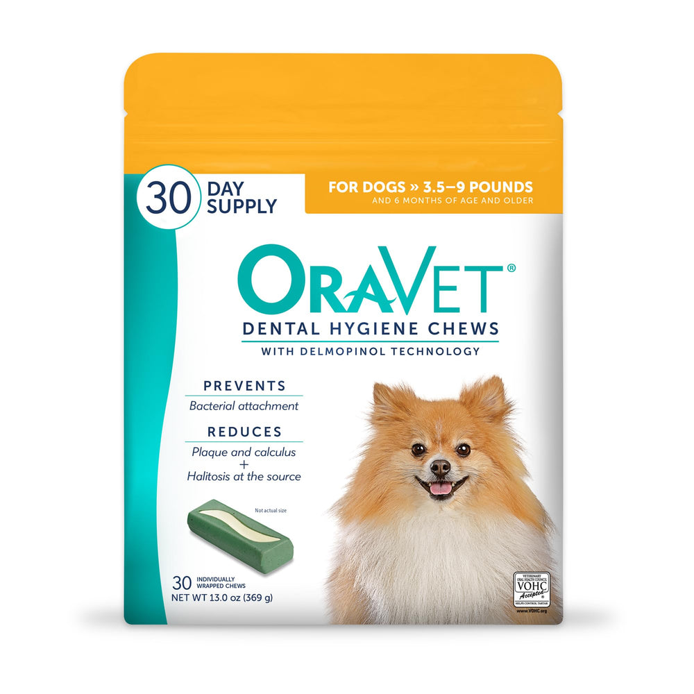 OraVet higiene dental para perros en bolsa amarilla facilita la rutina diaria de cuidado oral.