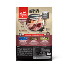 ORIJEN Amazing Grains: pavo y pollo enteros para proteína de alta calidad.