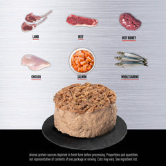 ORIJEN Ingredientes WholePrey Regional Rojo Entrada, mezcla de órganos y huesos para un perfil nutritivo.
