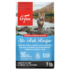 ORIJEN Seis Pescados en bolsa de 7 libras, croquetas sin grano para gatos activos.